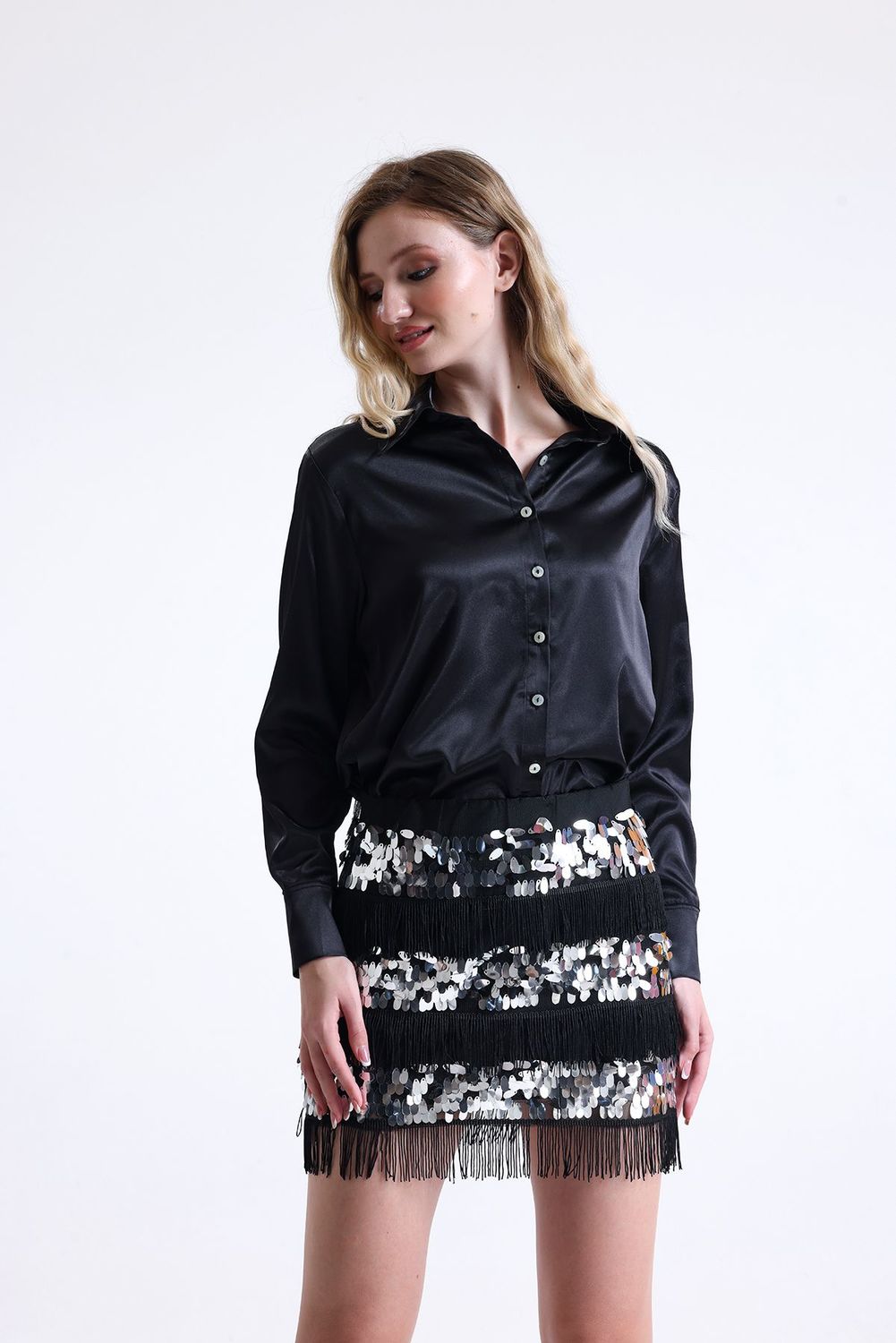 SNS Sense Black Sequin and Tassel Detailed Plus Size Evening Dress Mini Skirt - Cortlandt