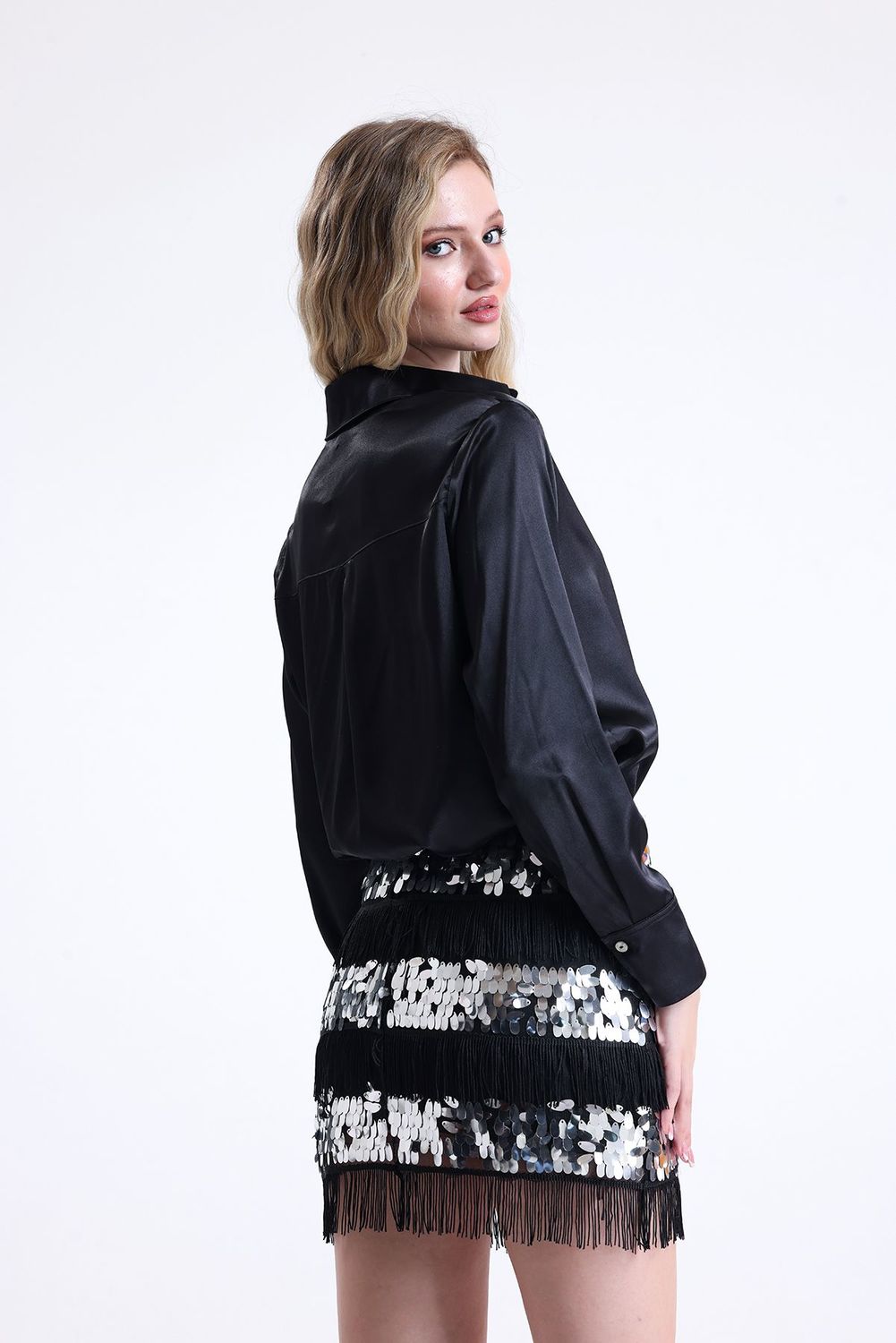 SNS Sense Black Sequin and Tassel Detailed Plus Size Evening Dress Mini Skirt - Cortlandt