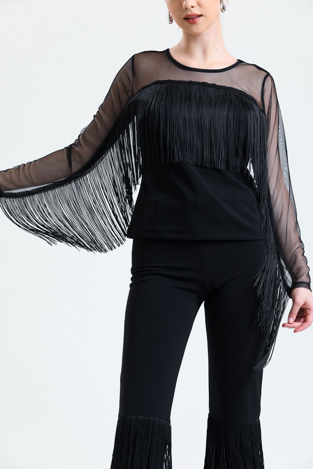 SNS Sense Black Tasseled Diver Scuba Crepe Tulle Blouse - Chilpancingo