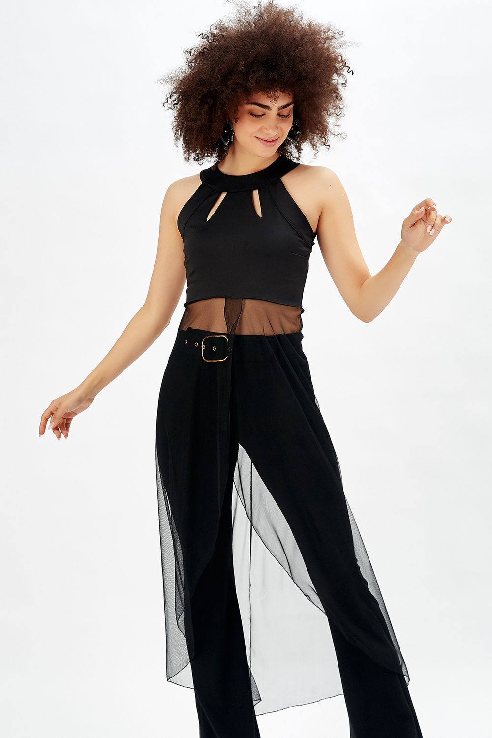 SNS Sense Black Chiffon Plunging Blouse Evening Blouse - Silves