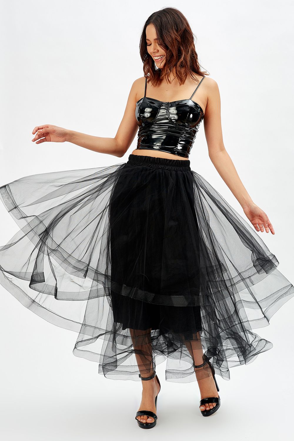 SNS Sense Black Shiny Layered Long Tulle Evening Skirt - Covina