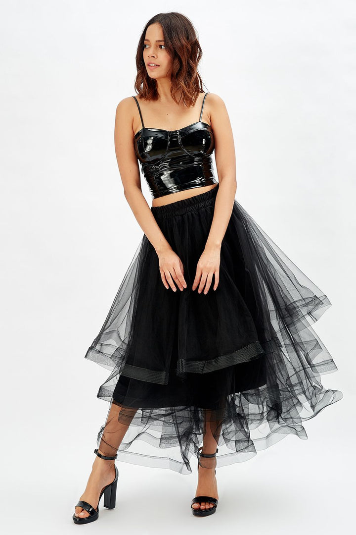 SNS Sense Black Shiny Layered Long Tulle Evening Skirt - Covina