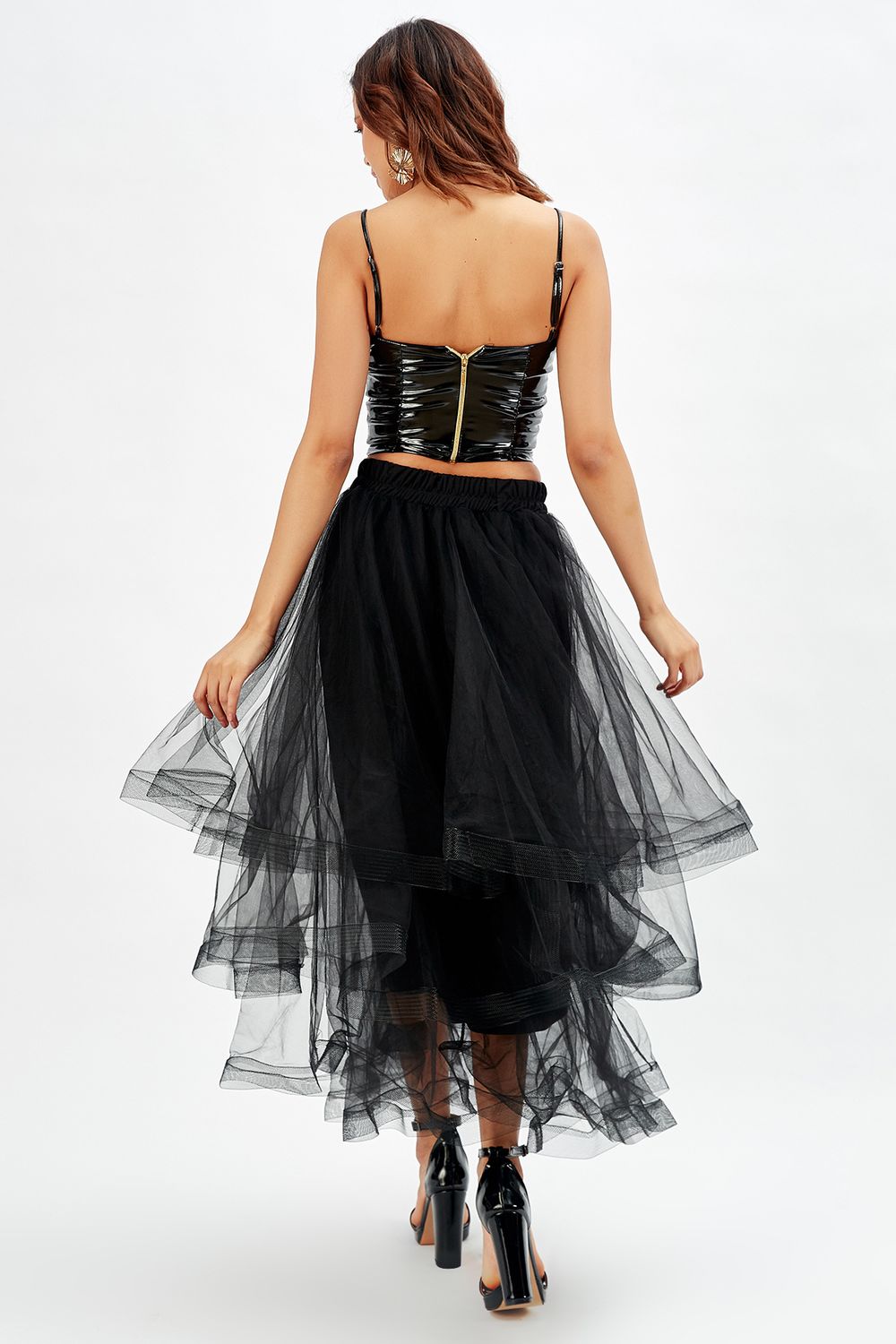 SNS Sense Black Shiny Layered Long Tulle Evening Skirt - Covina