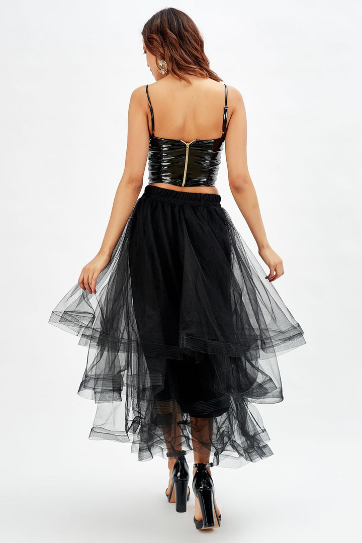 SNS Sense Black Shiny Layered Long Tulle Evening Skirt - Covina
