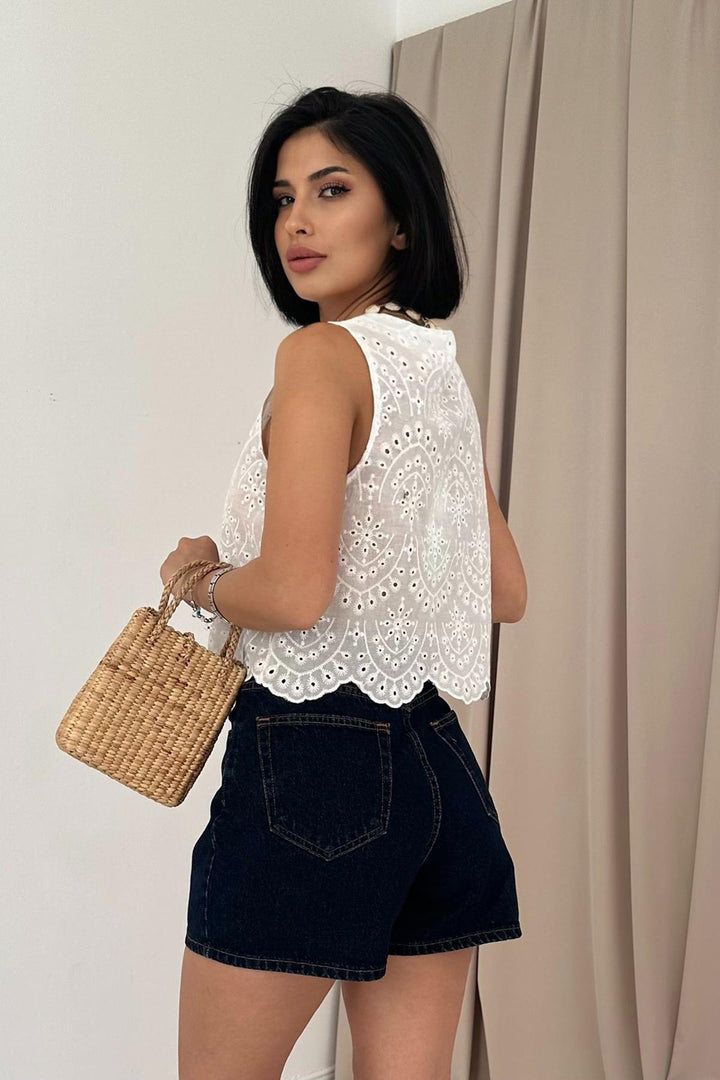 ELS Zero Sleeve Embroidered Blouse - White - Marlboro