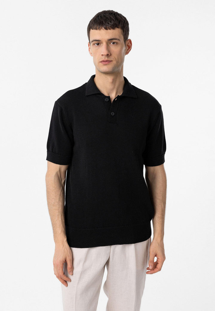 ANT Antioch Black 100% Cotton Polo Neck Knit T-Shirt - Acilia