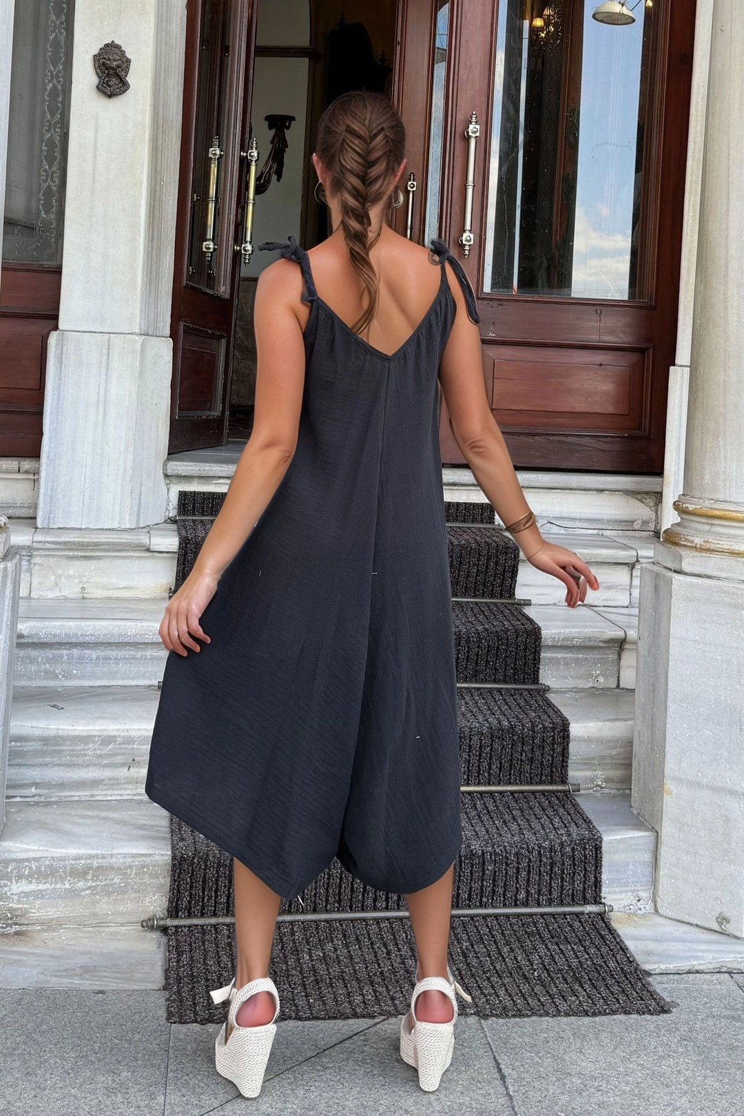 Black Strappy Asymmetric Pocketed Loose Fit Muslin Baggy Jumpsuit BCBSK-25700-3629 - Radebeul