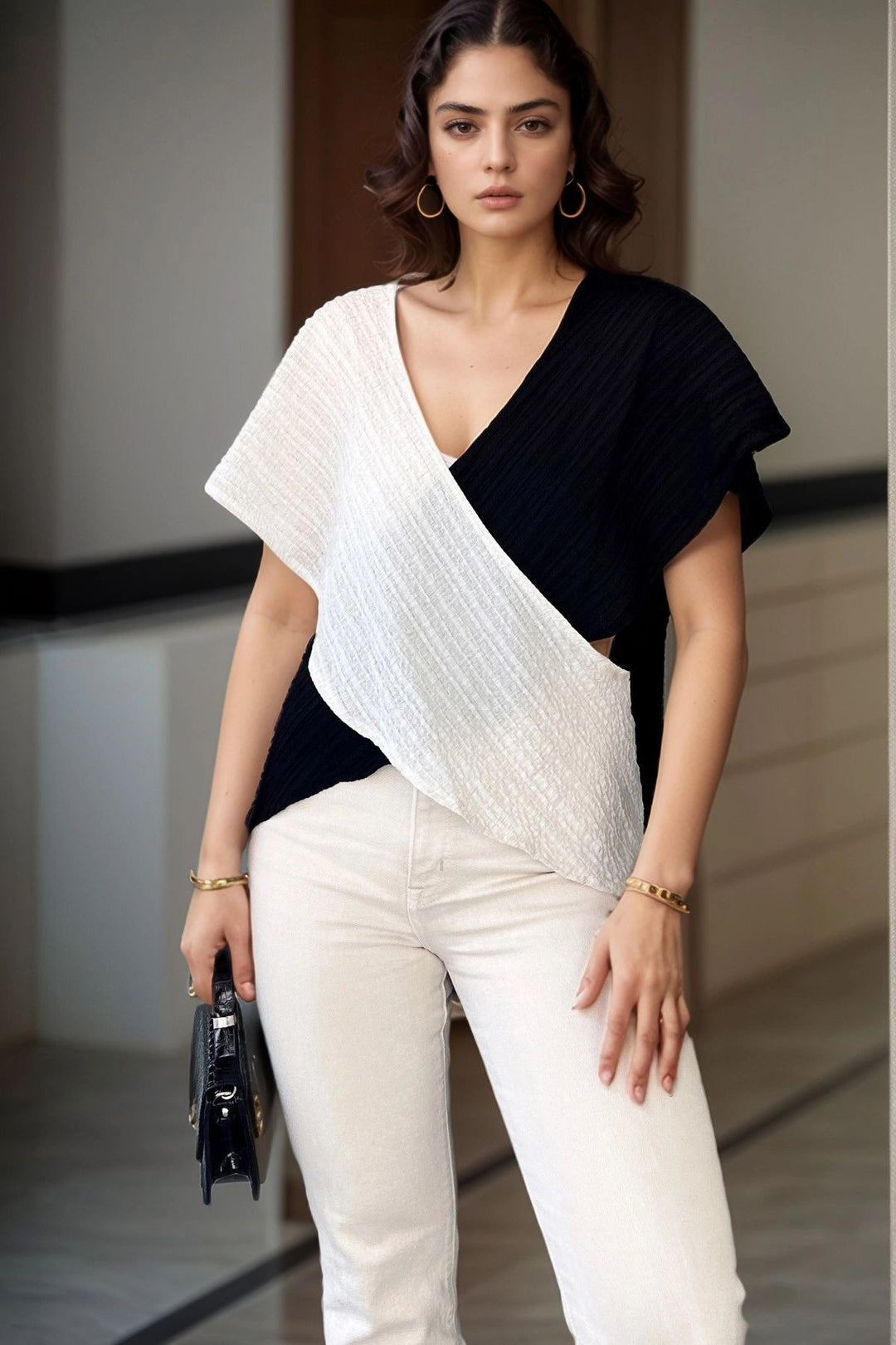 Black Beige Wrap Color Block Textured Blouse BCBSK-25700-3572 - Rio Rancho