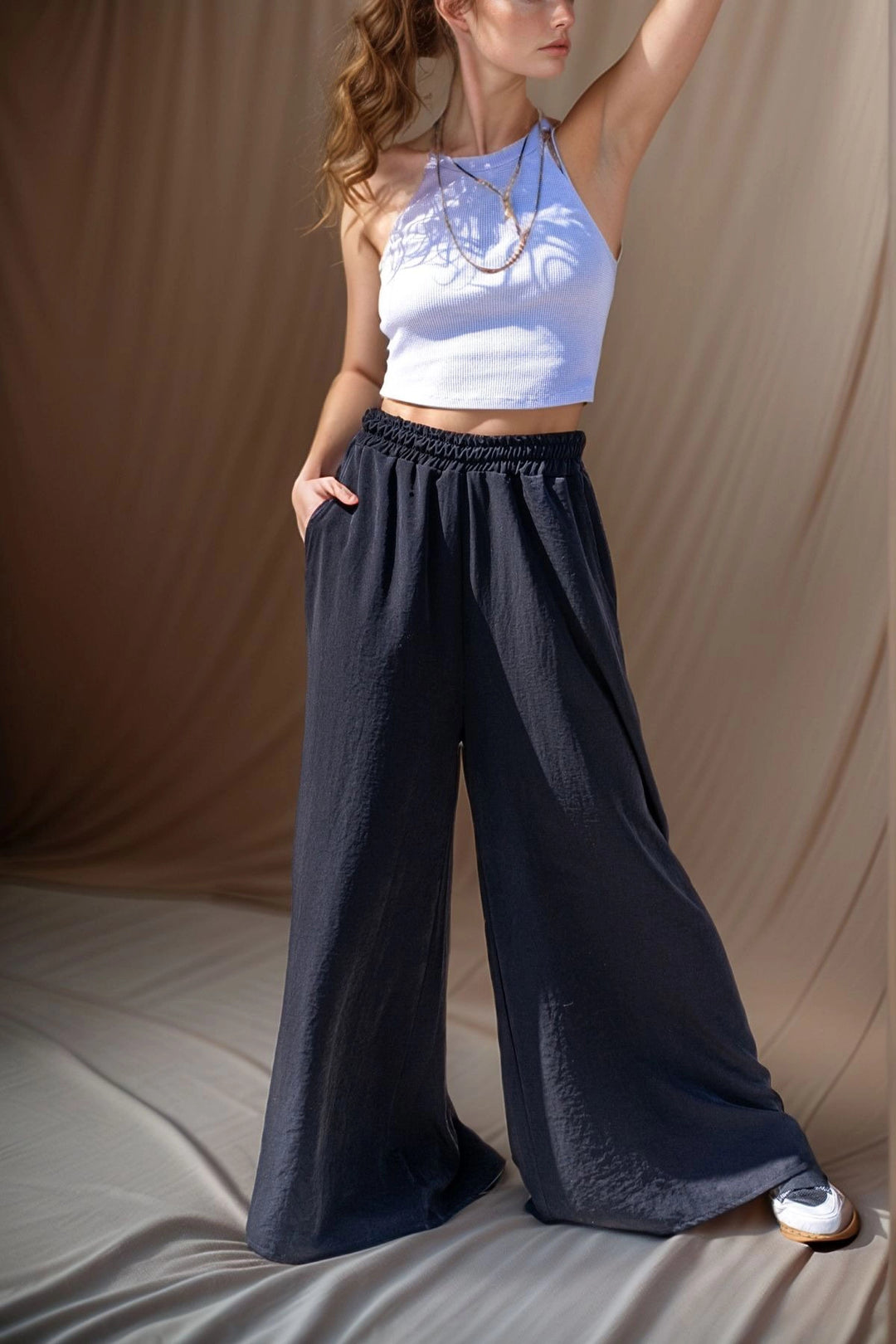 Black High Waisted Elastic Waist Wide Leg Soft Textured Baggy Pants BCBSK-25700-3391 - Ann Arbor