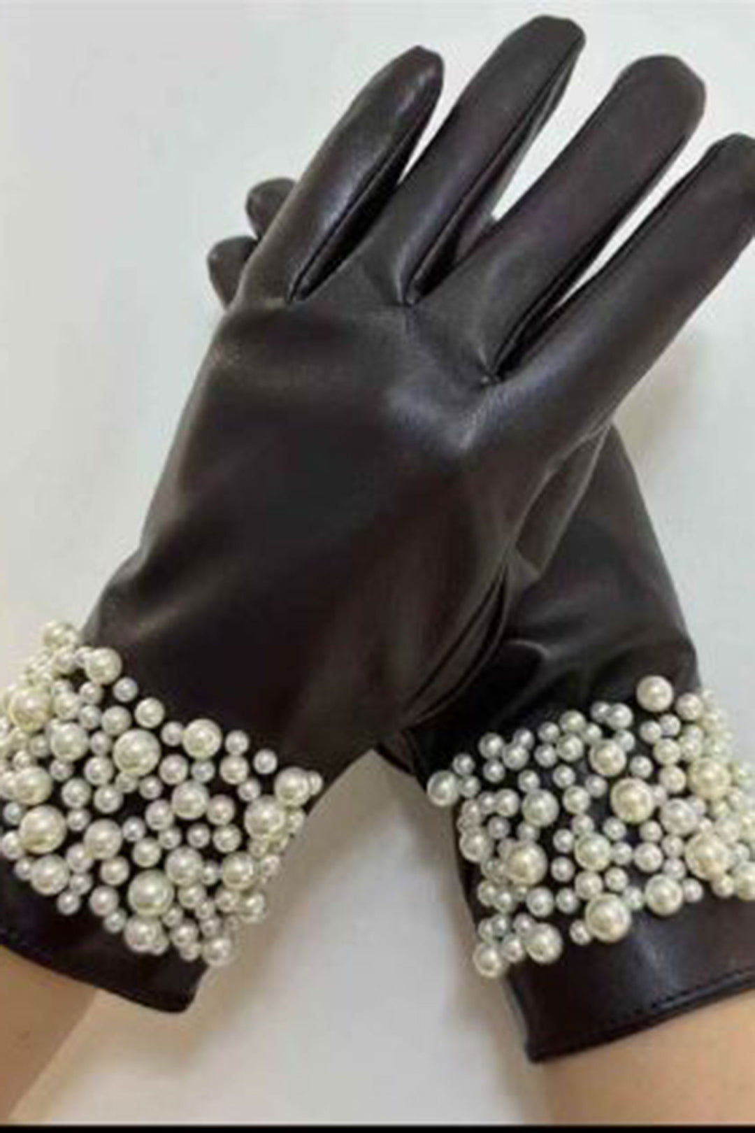 Black Faux Leather Gloves with Pearl Wrist BCNSV-25WT1006 - Centennial
