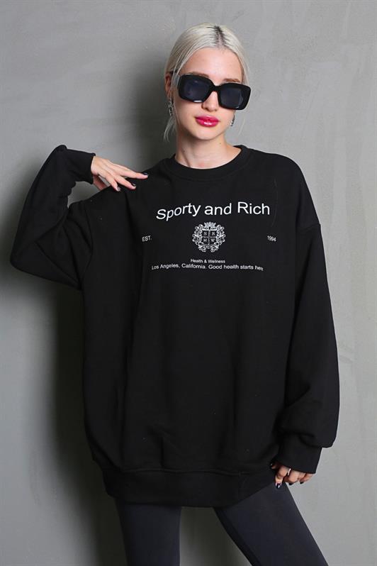 MDX Black Bicycle Collar Printed Oversized Women's Sweatshirt MG1577 - Steyr