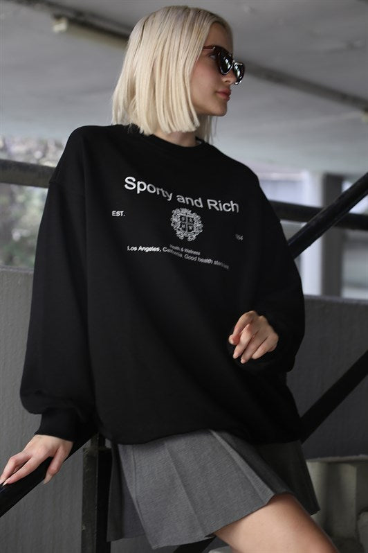 MDX Black Bicycle Collar Printed Oversized Women's Sweatshirt MG1577 - Steyr