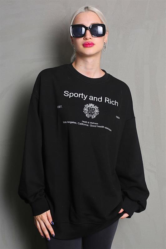 MDX Black Bicycle Collar Printed Oversized Women's Sweatshirt MG1577 - Steyr