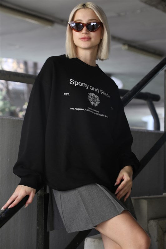 MDX Black Bicycle Collar Printed Oversized Women's Sweatshirt MG1577 - Steyr