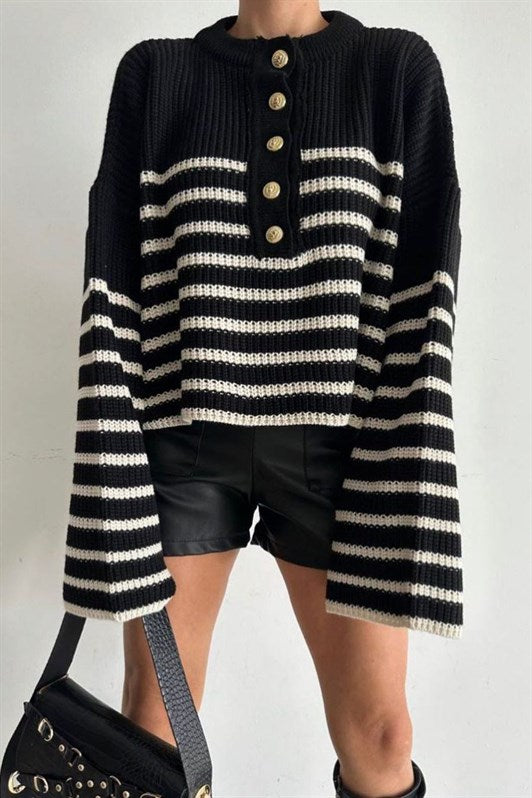 MDX Black Bicycle Neck Front Gold Buttoned Striped Women's Sweater MG1647 - Jilotepec
