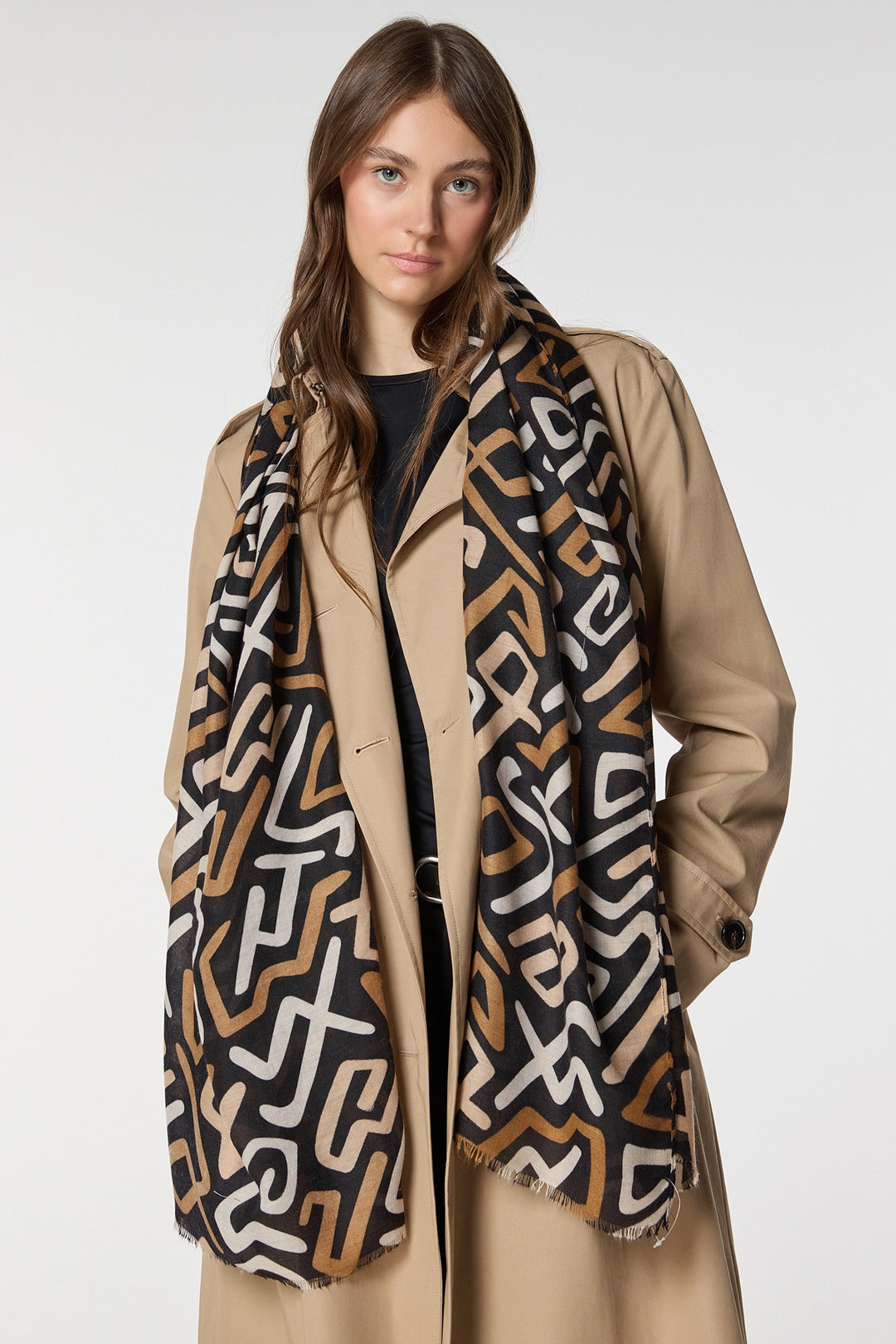 Black Striped Patterned Shawl BCNSV-2515059 - Lyon