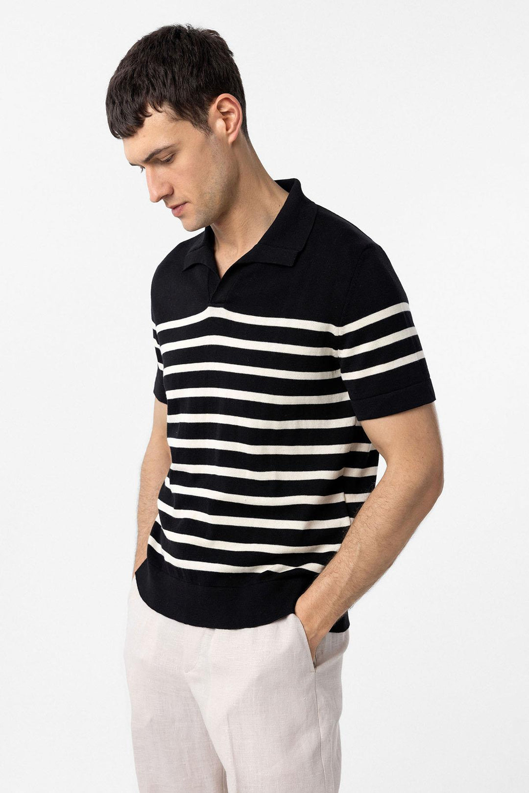 ANT Antioch Black/Ecru Striped Men's Polo Neck Knit T-Shirt - Gummersbach