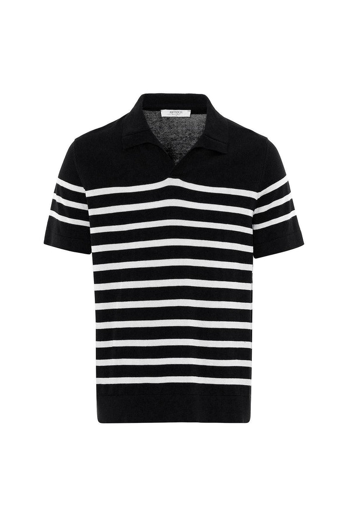 ANT Antioch Black/Ecru Striped Men's Polo Neck Knit T-Shirt - Gummersbach
