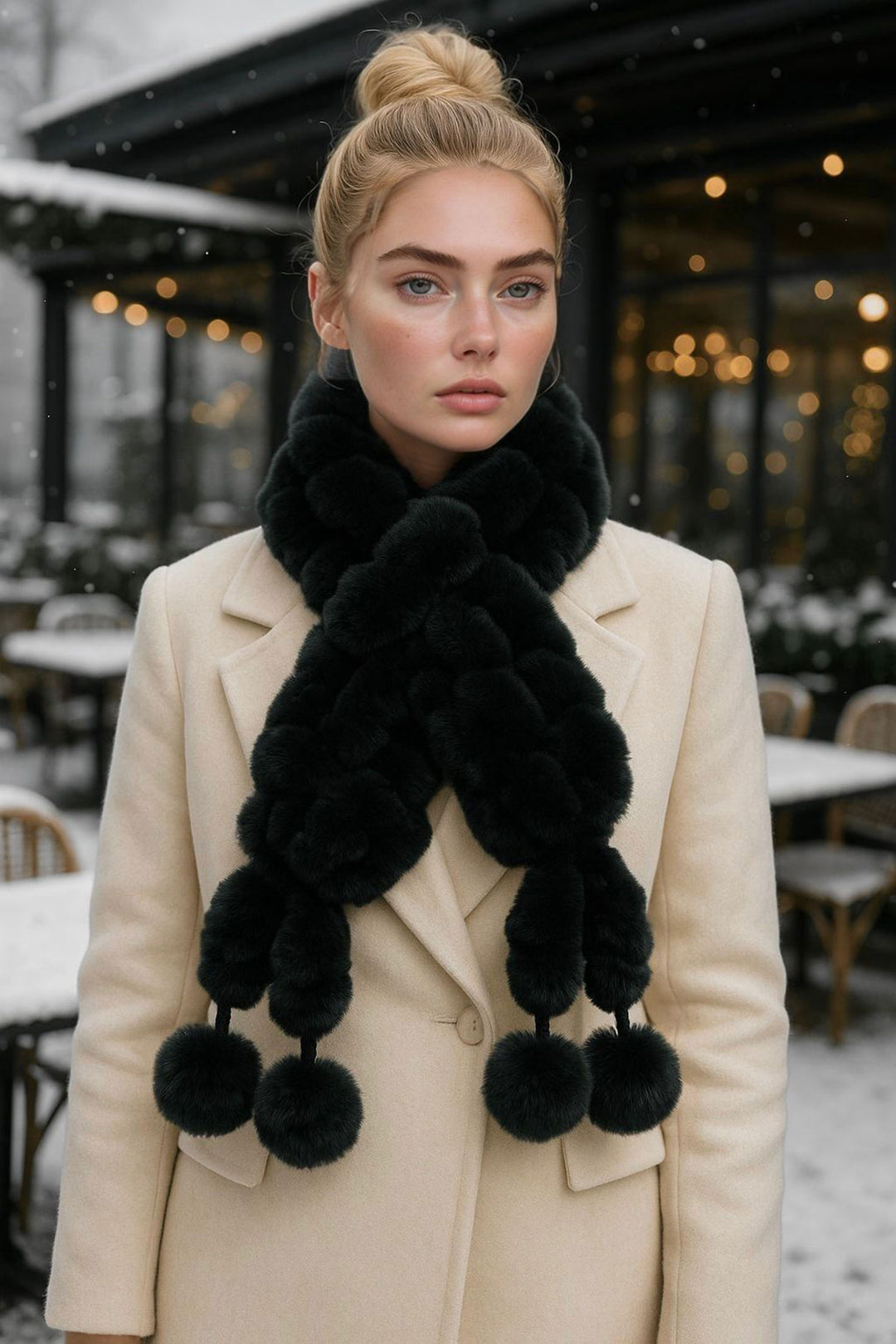 Black Faux Fur Scarf with Slits BCNSV-25WT1015 - Yalta