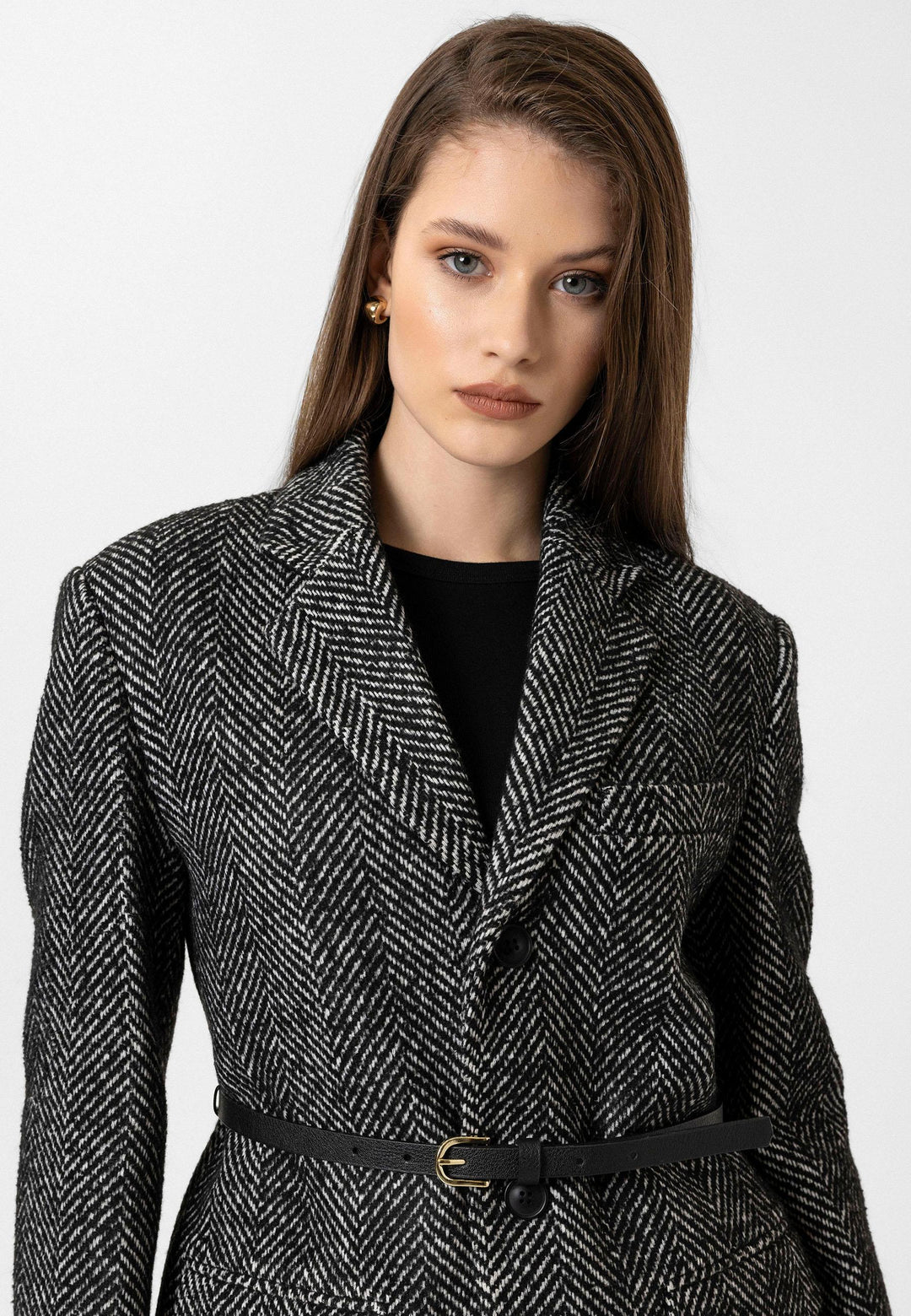 ANT Antioch Black Woman Herringbone Patterned Blazer Jacket - Abertawe