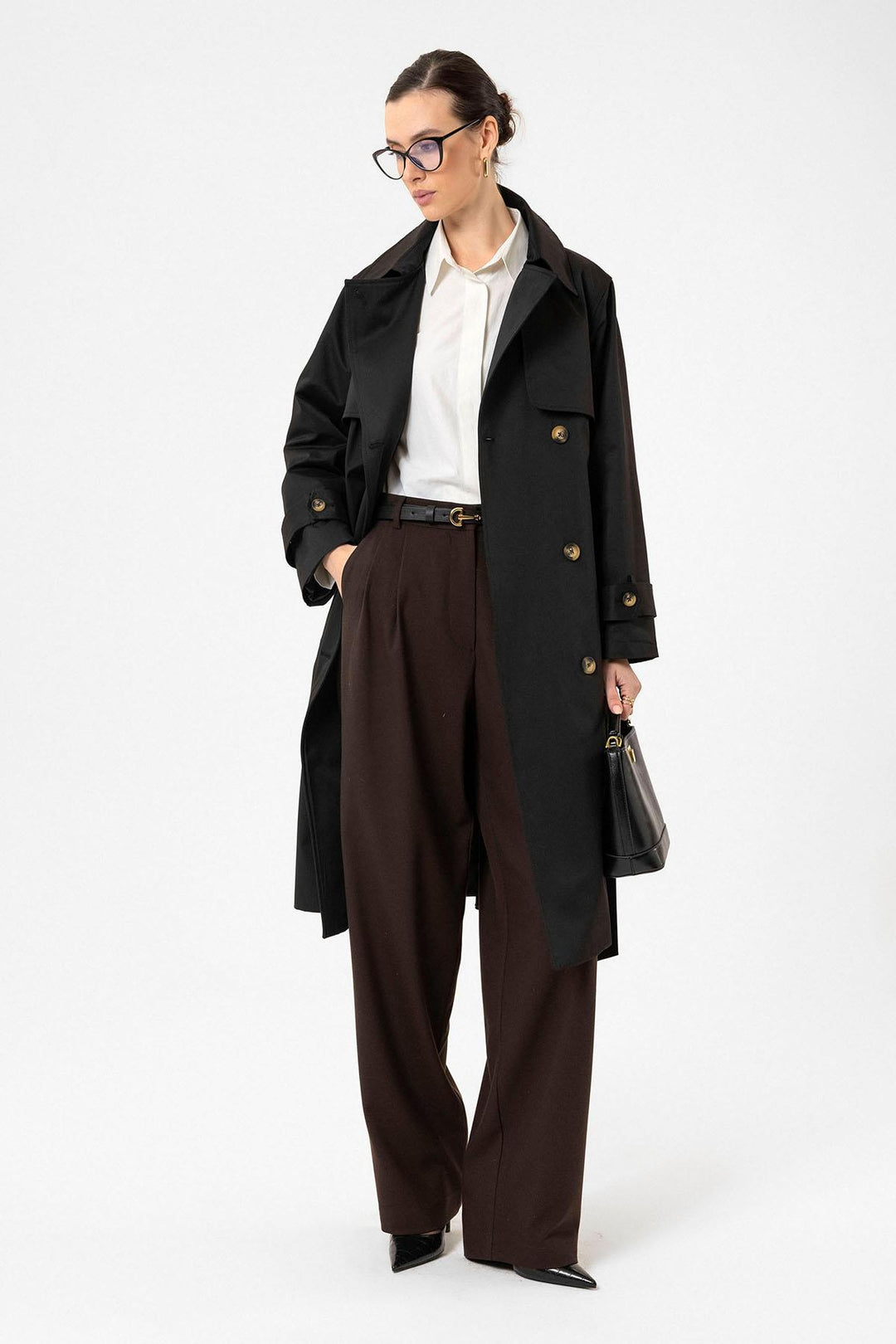 ANT Antioch Black Women's Wrap Closure Belted Trench Coat - Woodstock