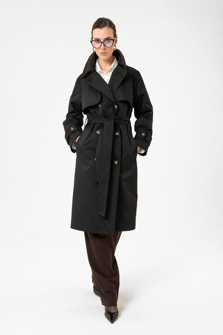ANT Antioch Black Women's Wrap Closure Belted Trench Coat - Woodstock