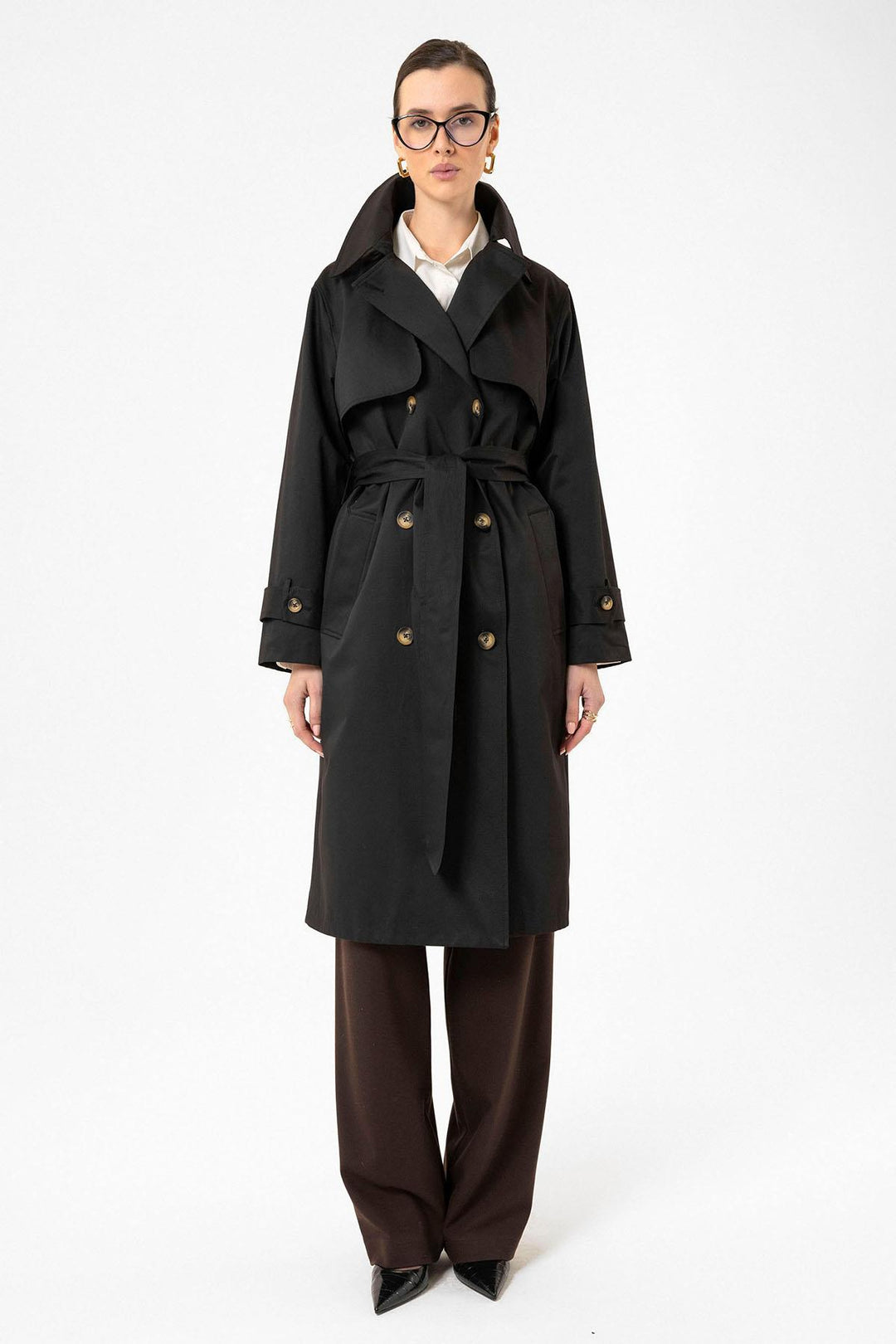 ANT Antioch Black Women's Wrap Closure Belted Trench Coat - Woodstock