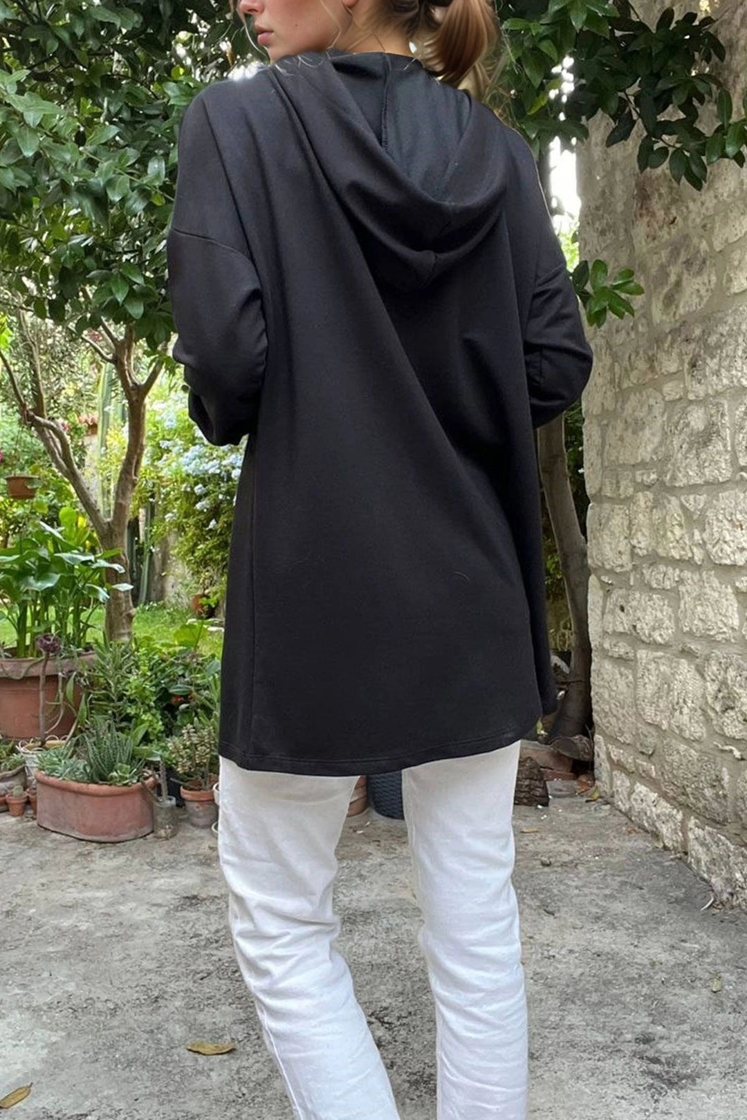 Black Hooded Kangaroo Pocket Long Slouchy Sweatshirt BCBSK-25700-3476 - Tlaquepaque