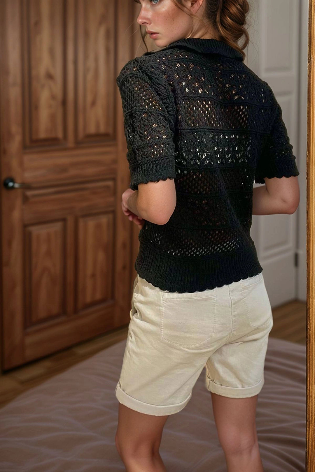 Black Self-patterned Openwork Polo Neck Knit Blouse BCBSK-25700-T204 - Marinha Grande