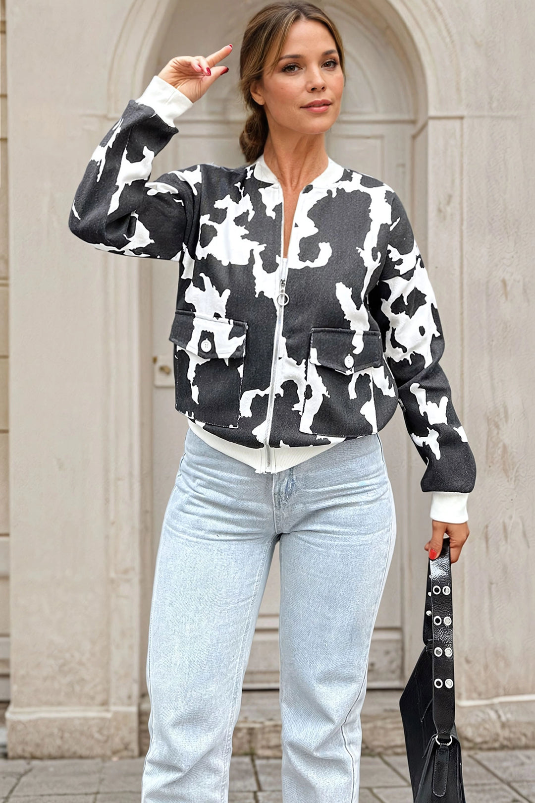Black Self-patterned Gabardine Double Pocket Zippered Bomber Jacket BCBSK-25700-3567 - Chattanooga