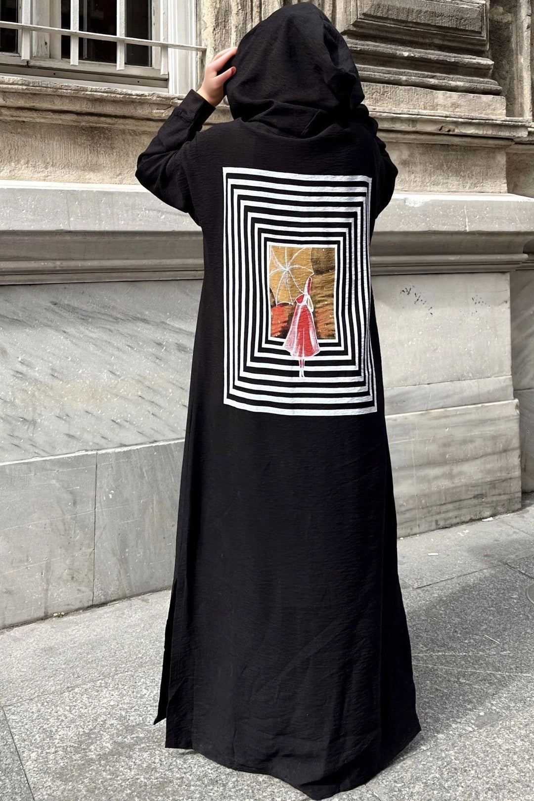 Black Linen Hooded Side Slit Back Printed Long Dress BCBSK-25700-3225 - Bentonville