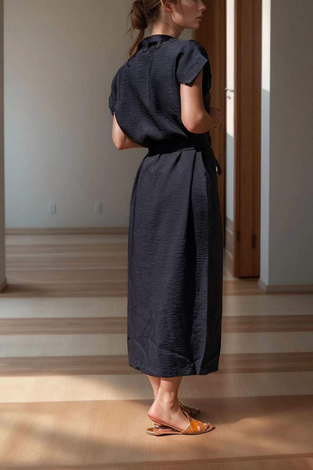 Black Linen Front Slit Self-Belted Long Dress BCBSK-25700-3221 - Folsom