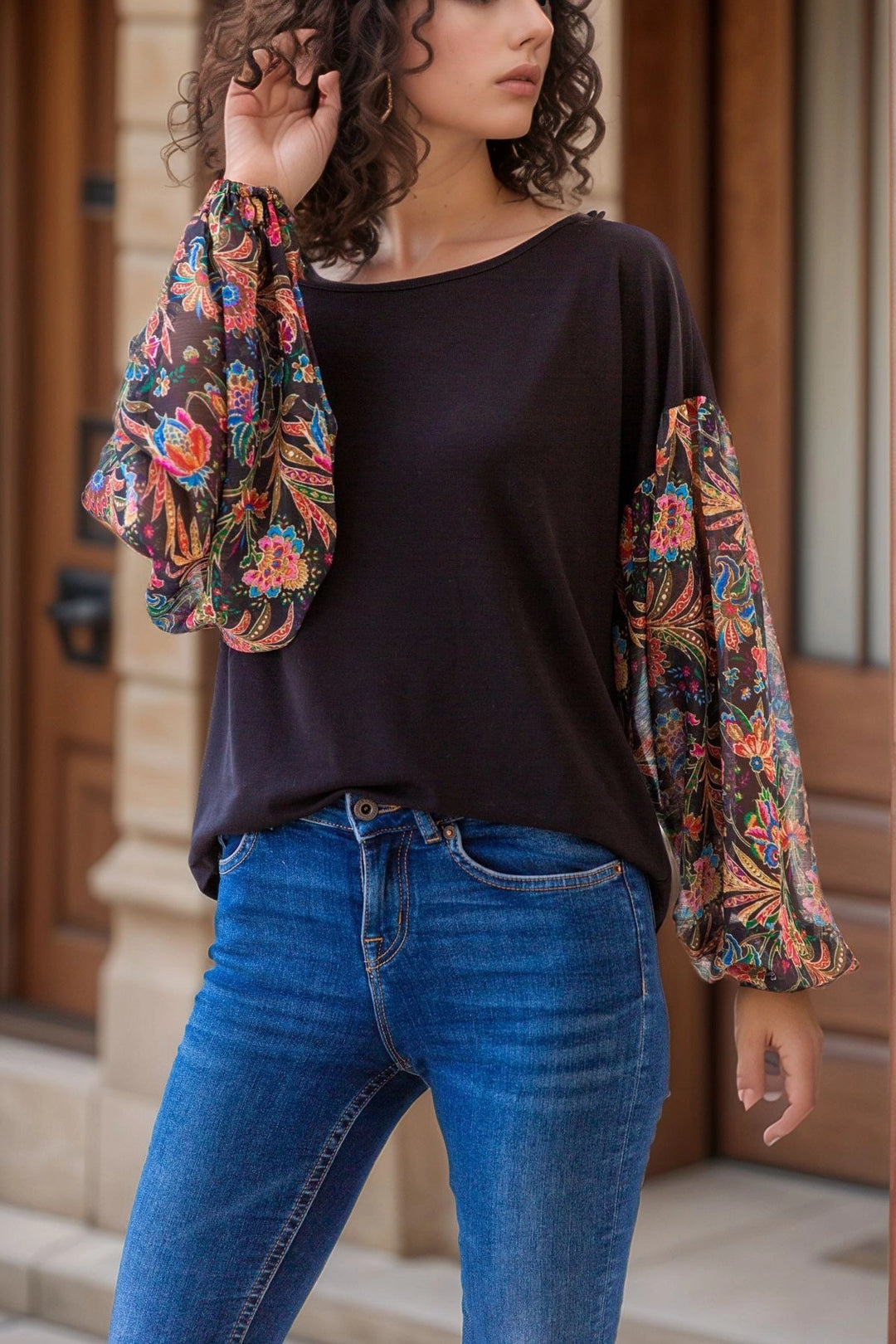 Black Arms Cashmere Pattern Chiffon Blouse BCBSK-25700-2802 - Brugherio