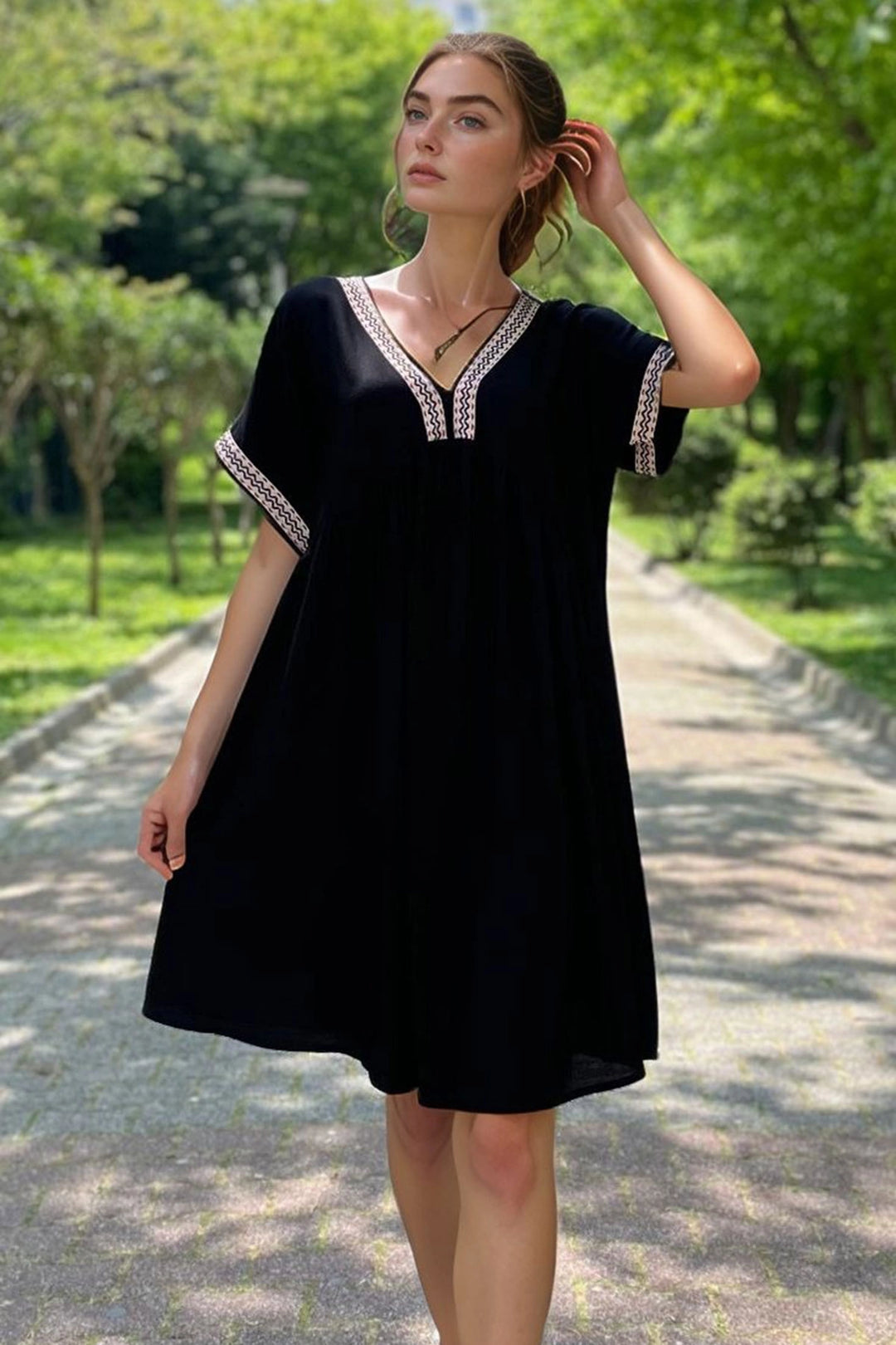 Black Embroidered Border Detailed Comfortable Fit Viscose Woven Dress BCVL-2530000 - Sudbury