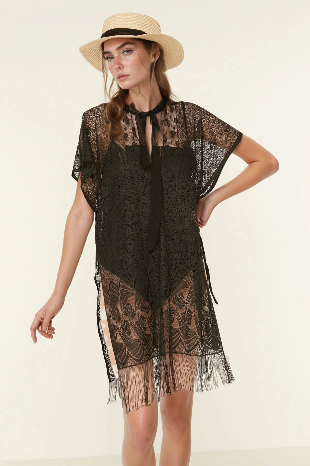 Black Polyester Fabric Mesh Women's Pareo BCNSV-25PAREOY-0396 - Hyde