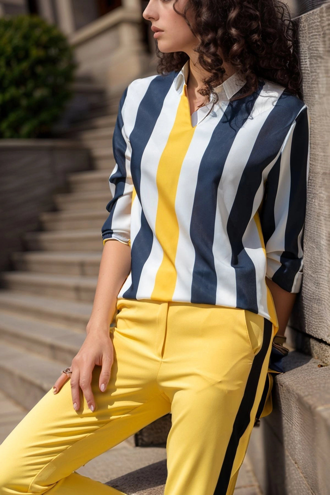 Black Yellow Collar Slit Crepe Blouse BCBSK-25700-2841 - Raleigh