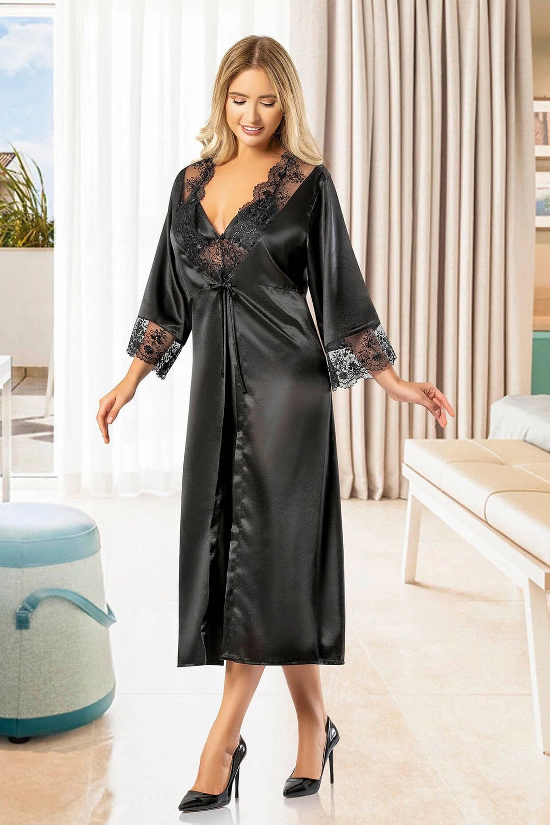 Black Satin Nightgown with Lace Detail Robe Set BCAN-252608FA - Weißenfels