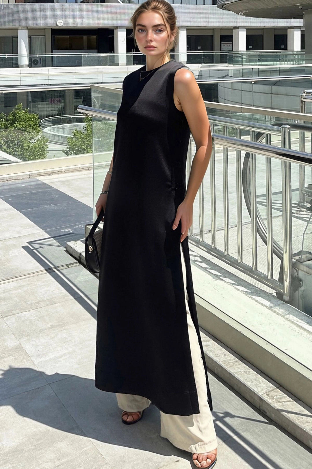 Black Scuba Side Buttoned and Slit Long Tunic Dress BCBSK-25700-3561 - Lowestoft