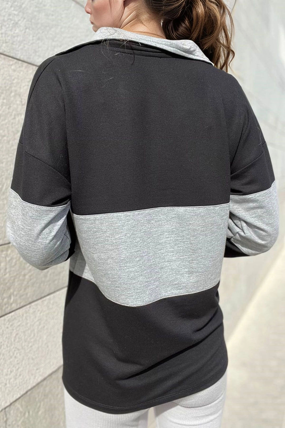 Black Collar Zippered Color Block Polo Neck Loose Sweatshirt BCBSK-25700-3471 - Jurupa Valley