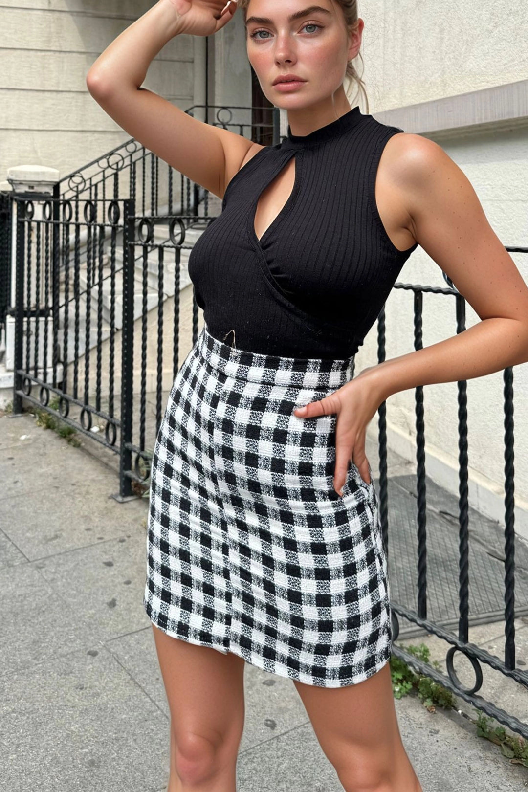 Black High Waist Knee Length Patterned Skirt BCBSK-25700-3541 - Moncalieri