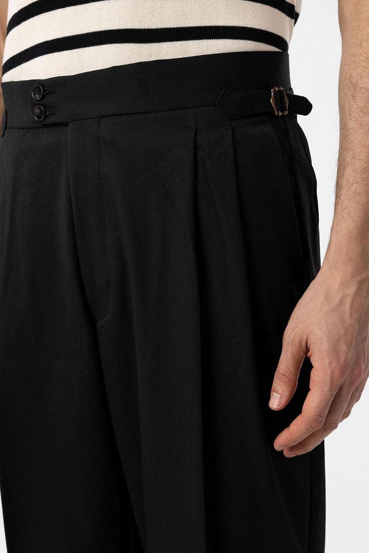 ANT Antioch Black High Waist Italian Fit Pleated Men's Trousers - Onteniente