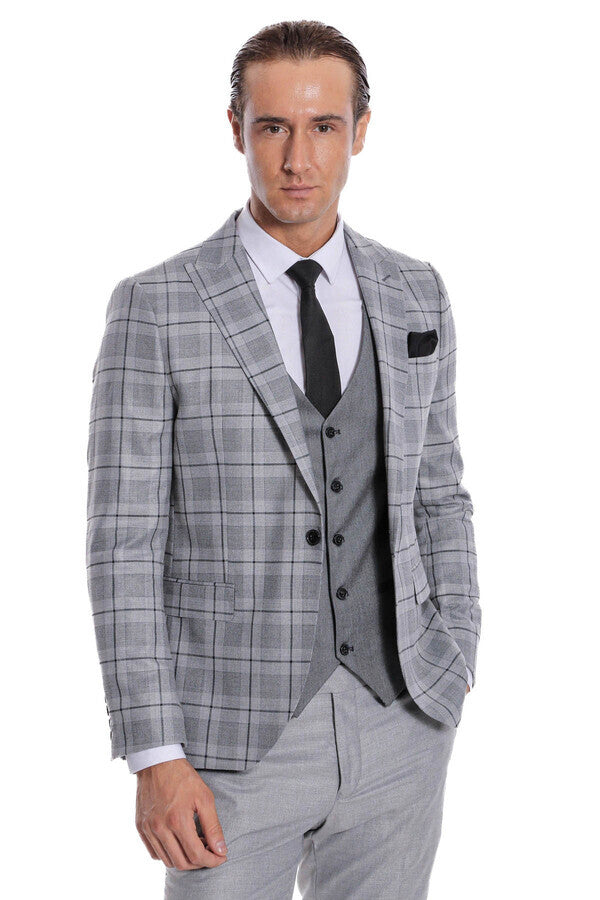 WSS Slim Fit Checked Grey Men Suit  - New Bedford