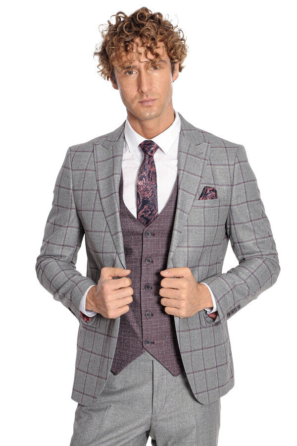 WSS Slim Fit Checked Patterned Grey Men Suit  - Gori