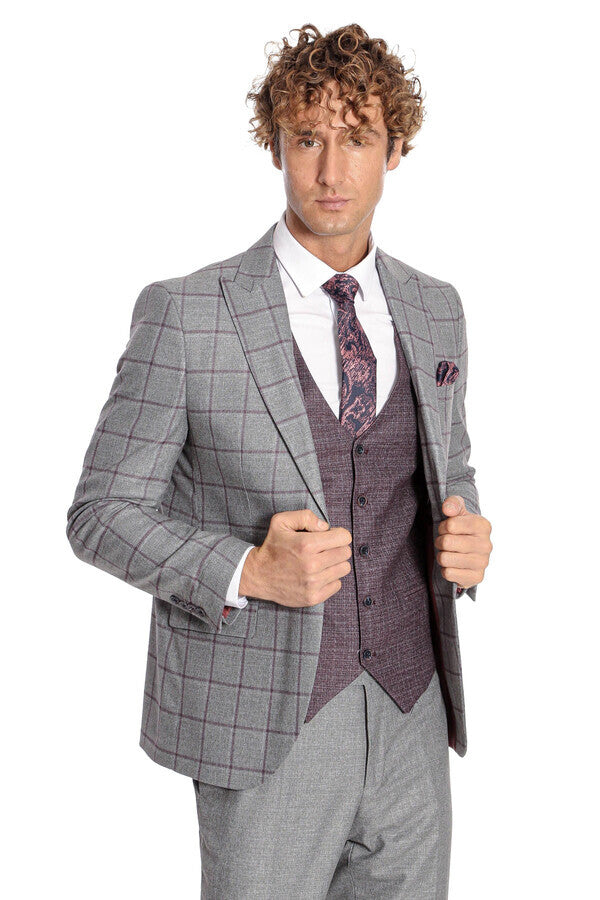 WSS Slim Fit Checked Patterned Grey Men Suit  - Gori