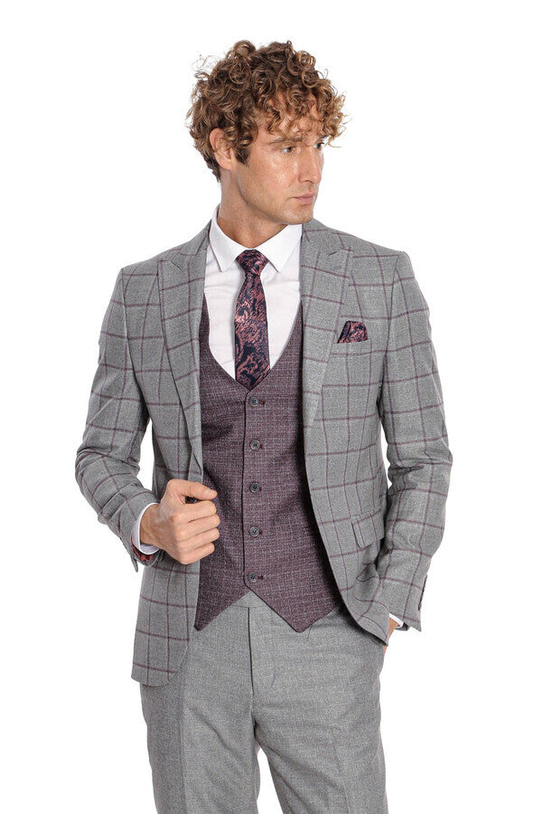 WSS Slim Fit Checked Patterned Grey Men Suit  - Gori