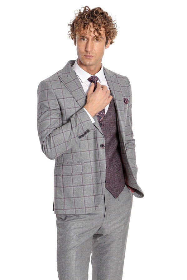 WSS Slim Fit Checked Patterned Grey Men Suit  - Gori
