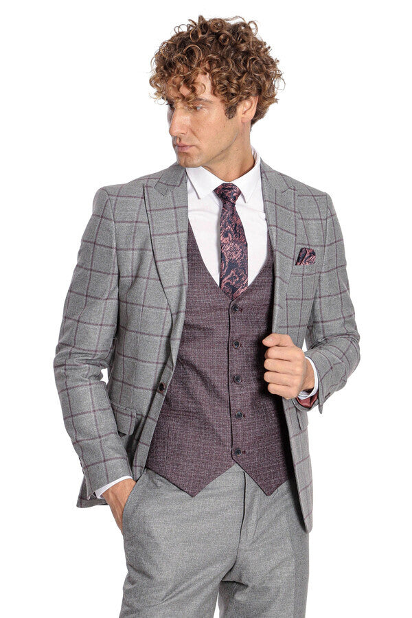 WSS Slim Fit Checked Patterned Grey Men Suit  - Gori