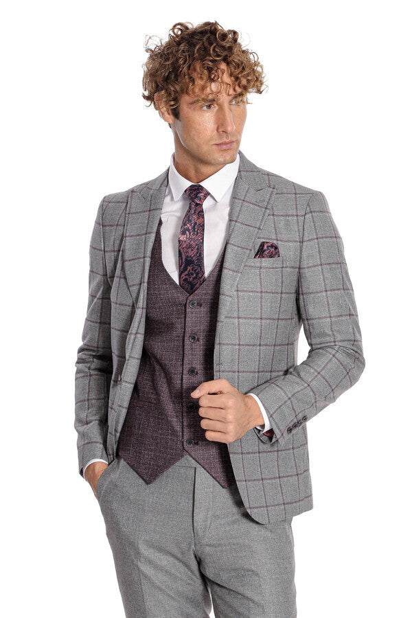 WSS Slim Fit Checked Patterned Grey Men Suit  - Gori