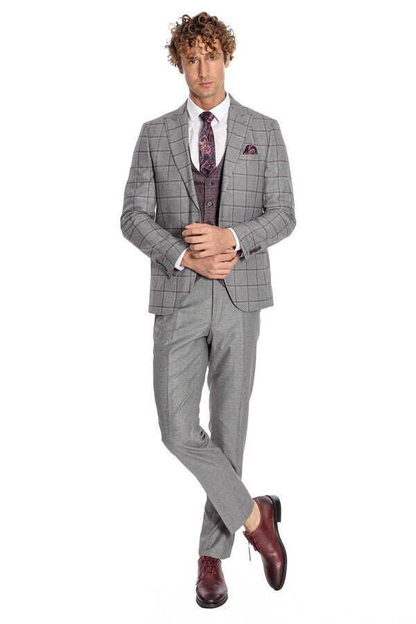 WSS Slim Fit Checked Patterned Grey Men Suit  - Gori