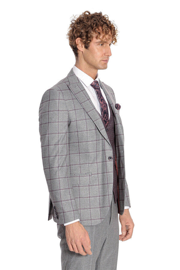 WSS Slim Fit Checked Patterned Grey Men Suit  - Gori